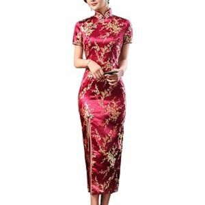 Elegant Wine Satin Qipao Cheongsam Dress High Slit Chinese Formal Evening Dress